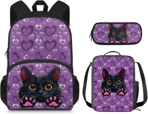 Black Cat Toddler Girl Backpack and Lunch Box Set 12 School Bags for Teen Boys Back to School Stylish School Backpack Gift for Birthdays,Thanksgiving Day,Christmas,School Seasons