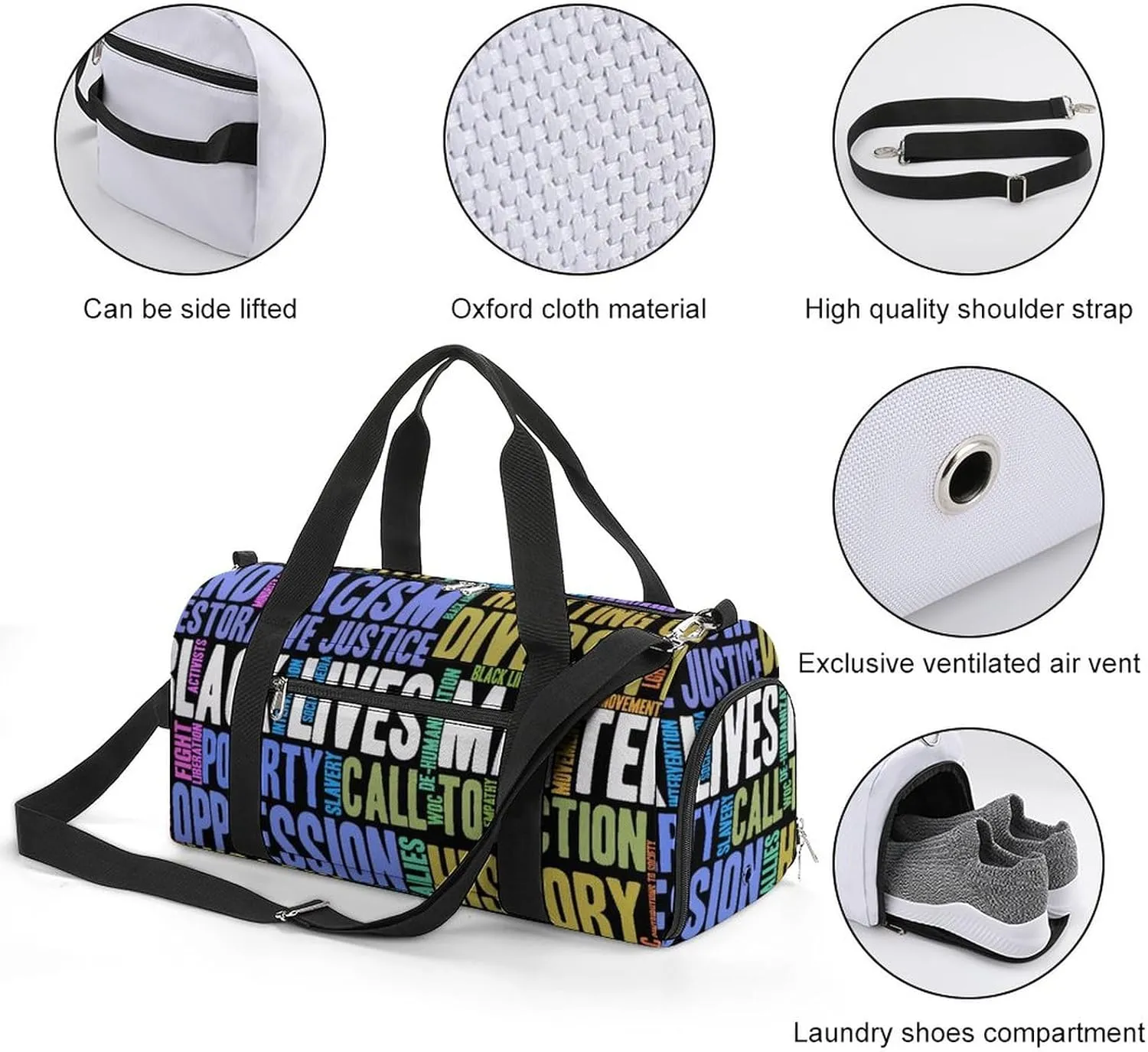 Black Lives Matter Pattern Water Resistant Gym Bag with Shoe Compartment, Travel Duffel Tote Bag Weekender Overnight Bag for Women Men