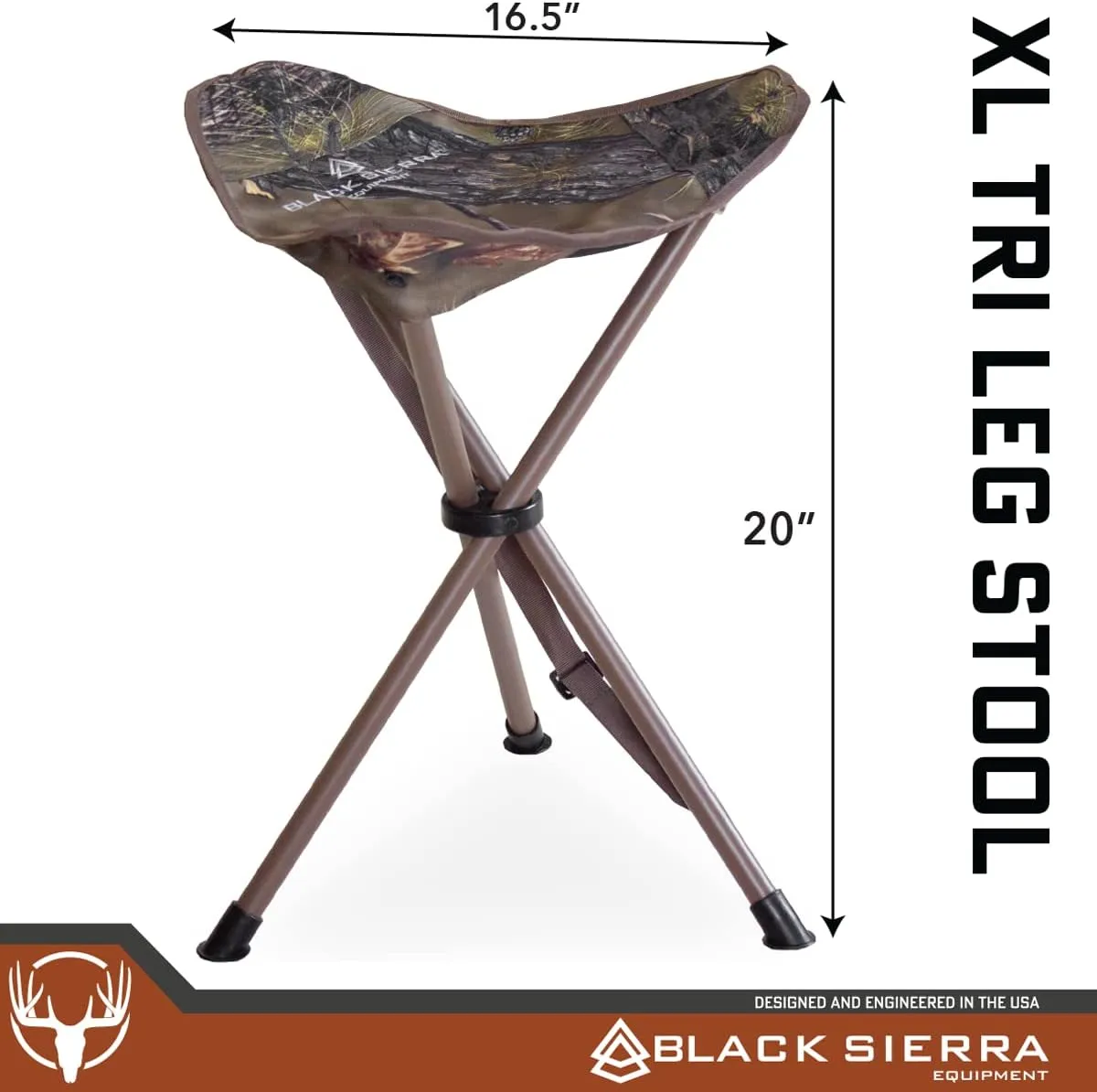 Black Sierra Folding Hunting Stool w/Shoulder Strap Supports 225 lbs, Lightweight Collapsible Tripod Seat, Foldable Steel Frame Chair Perfect for Hunting, Fishing, Camping, Hiking, Travel