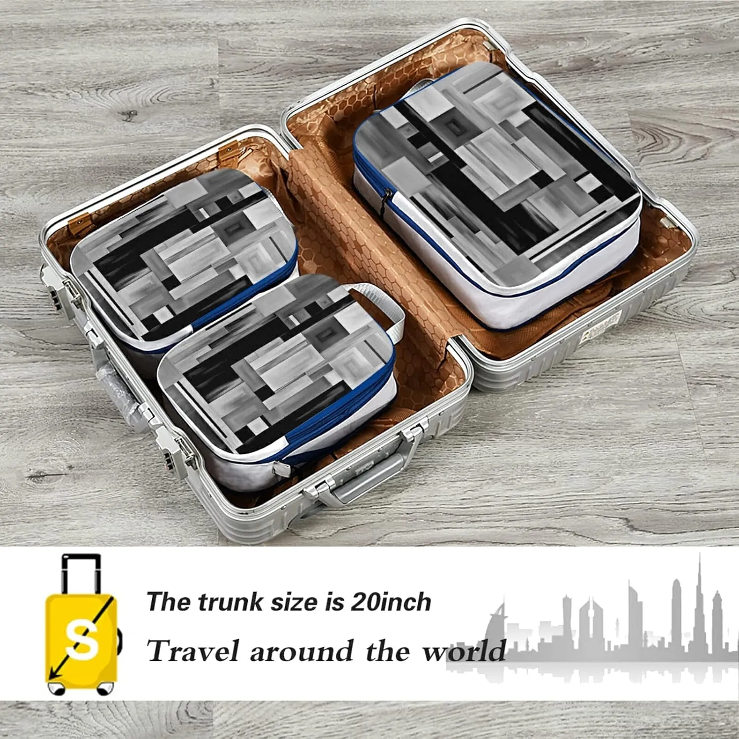 Black White Grey Checker Plaid Stripes Abstract Wood Style Paint 3 Piece set Cubes Expandable Adjustable Luggage Packing Bags, Ultralight Organizer Accessories Travel Suitcase Compressible Bags