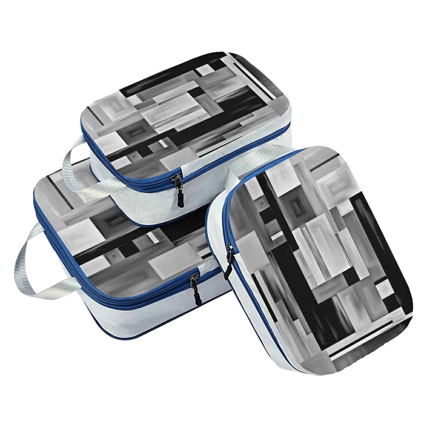 Black White Grey Checker Plaid Stripes Abstract Wood Style Paint 3 Piece set Cubes Expandable Adjustable Luggage Packing Bags, Ultralight Organizer Accessories Travel Suitcase Compressible Bags