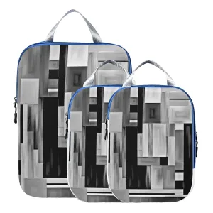 Black White Grey Checker Plaid Stripes Abstract Wood Style Paint 3 Piece set Cubes Expandable Adjustable Luggage Packing Bags, Ultralight Organizer Accessories Travel Suitcase Compressible Bags