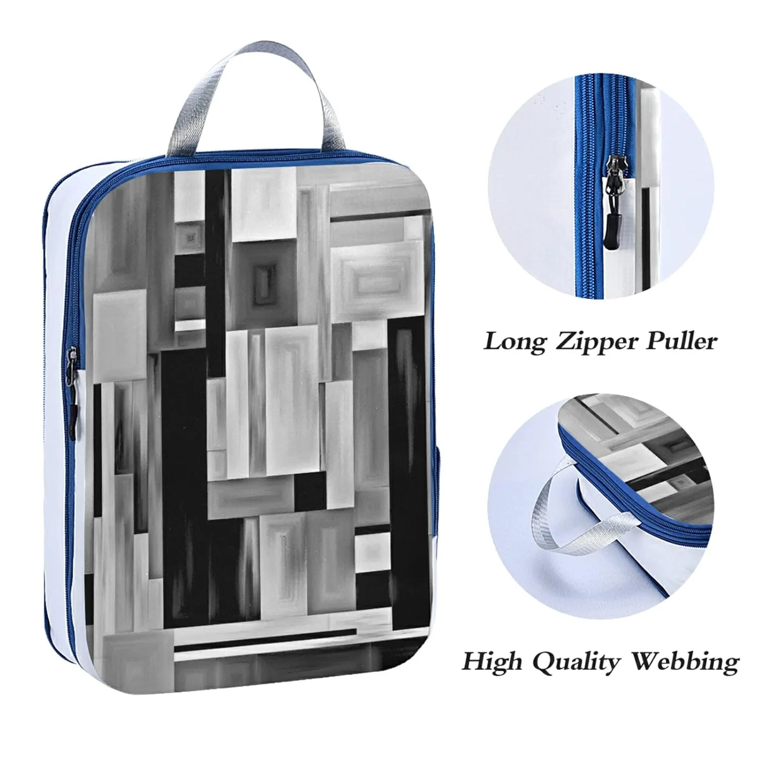 Black White Grey Checker Plaid Stripes Abstract Wood Style Paint 3 Piece set Cubes Expandable Adjustable Luggage Packing Bags, Ultralight Organizer Accessories Travel Suitcase Compressible Bags