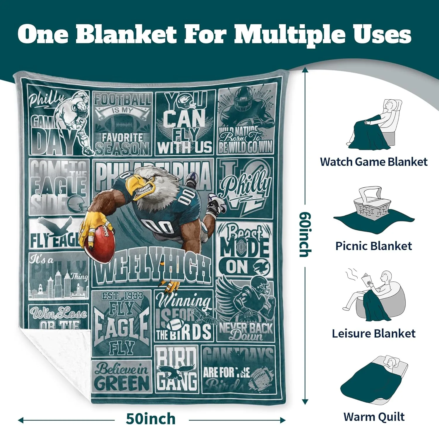 Blanket Football Fan Gifts for Men Women Football Style Throw Blanket Flannel Super Cozy Soft Living Room 60"x50".