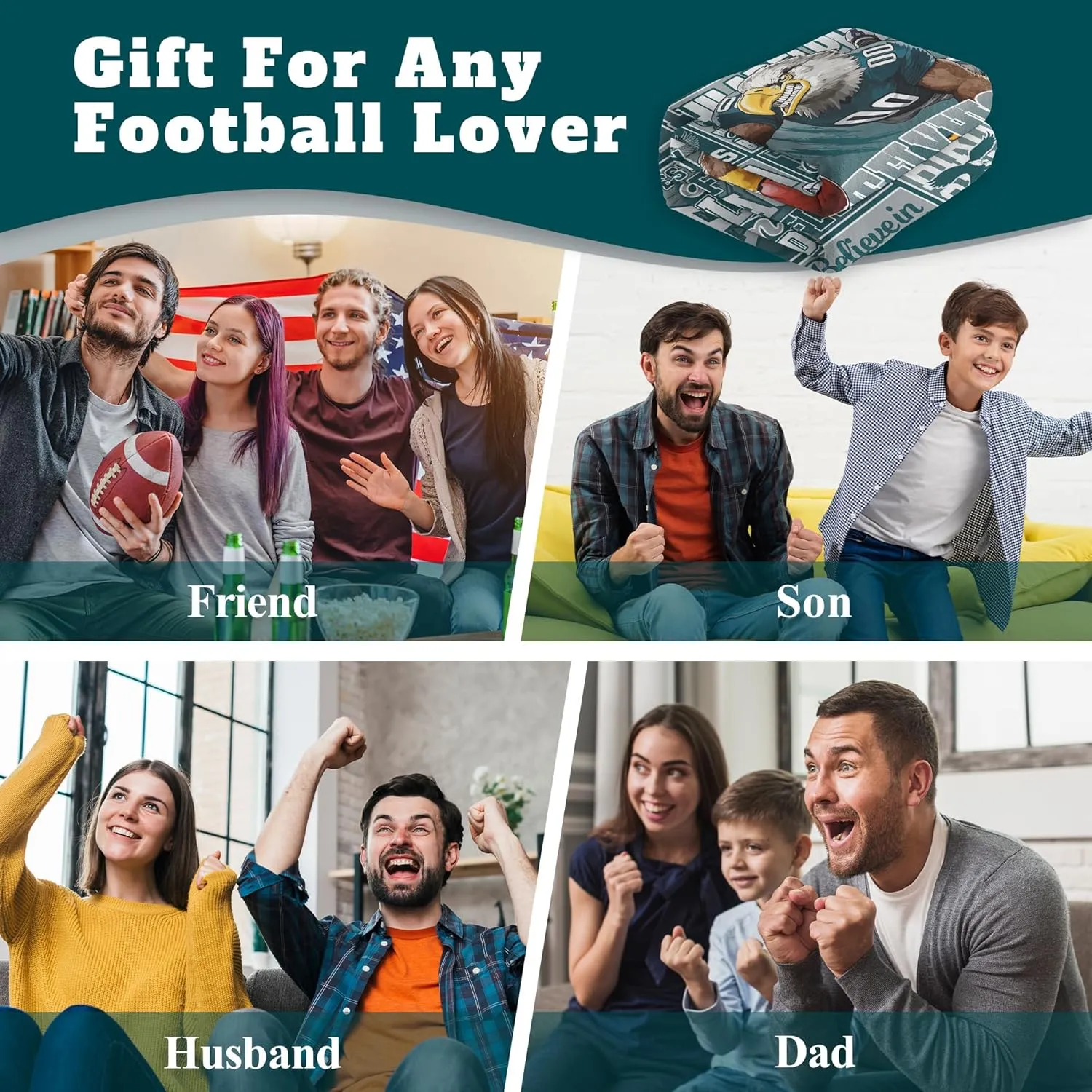 Blanket Football Fan Gifts for Men Women Football Style Throw Blanket Flannel Super Cozy Soft Living Room 60"x50".
