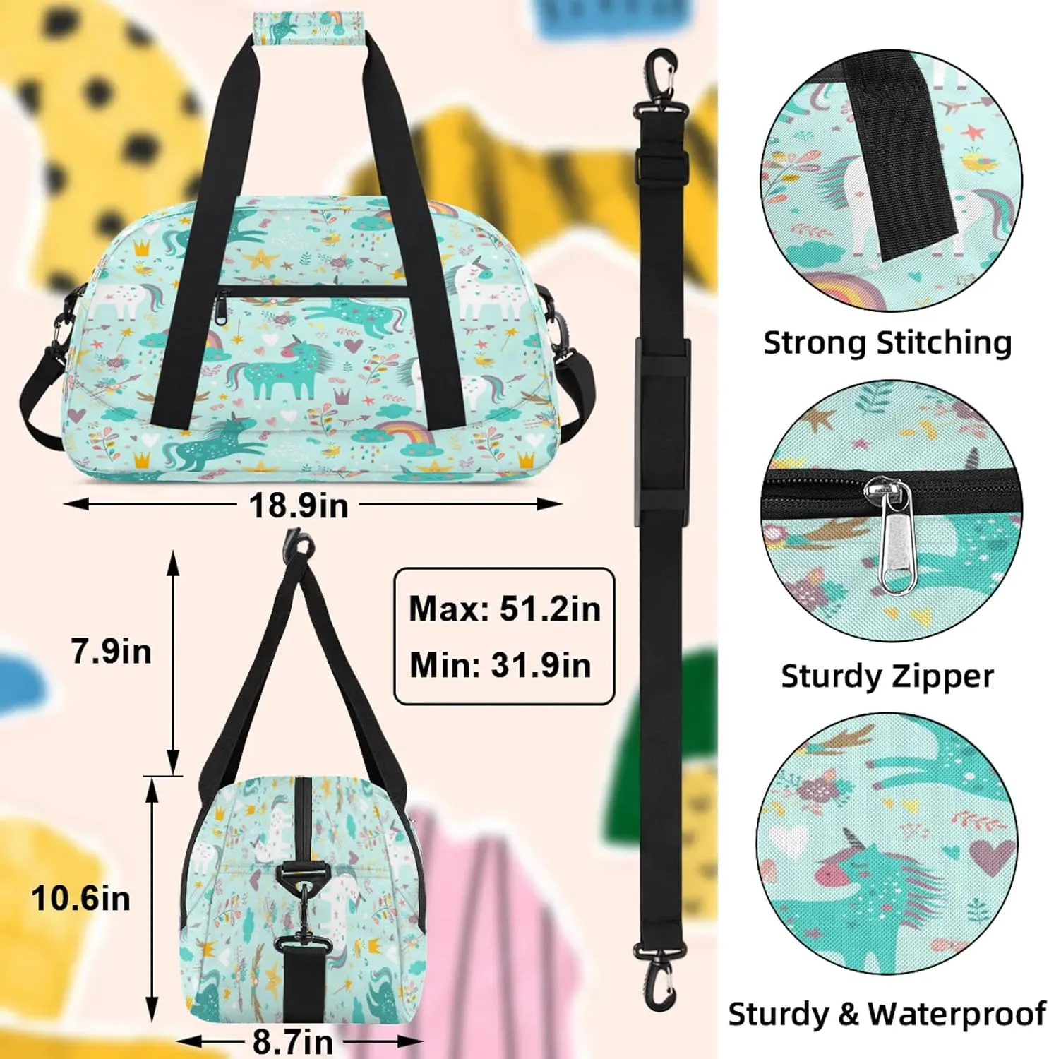 Blue Unicorn Small Gym Bag 18 inch Carry On Duffel Bag for Weekender Travel Sports Workout Yoga Gymnastics Dance Ballet