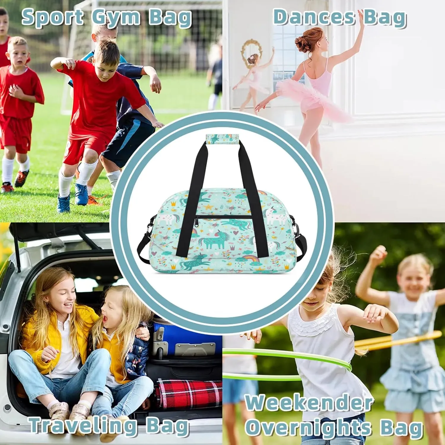 Blue Unicorn Small Gym Bag 18 inch Carry On Duffel Bag for Weekender Travel Sports Workout Yoga Gymnastics Dance Ballet