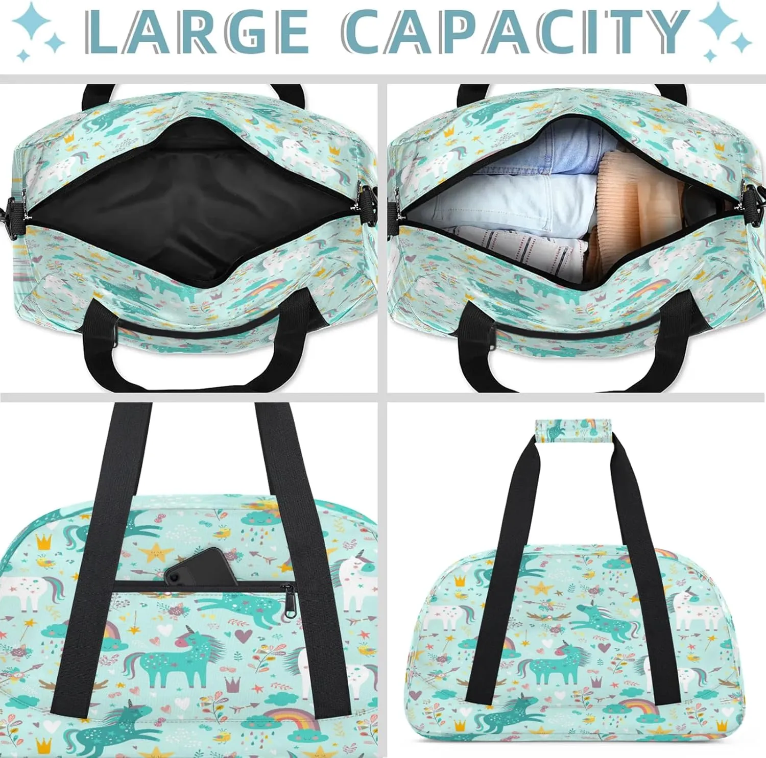 Blue Unicorn Small Gym Bag 18 inch Carry On Duffel Bag for Weekender Travel Sports Workout Yoga Gymnastics Dance Ballet