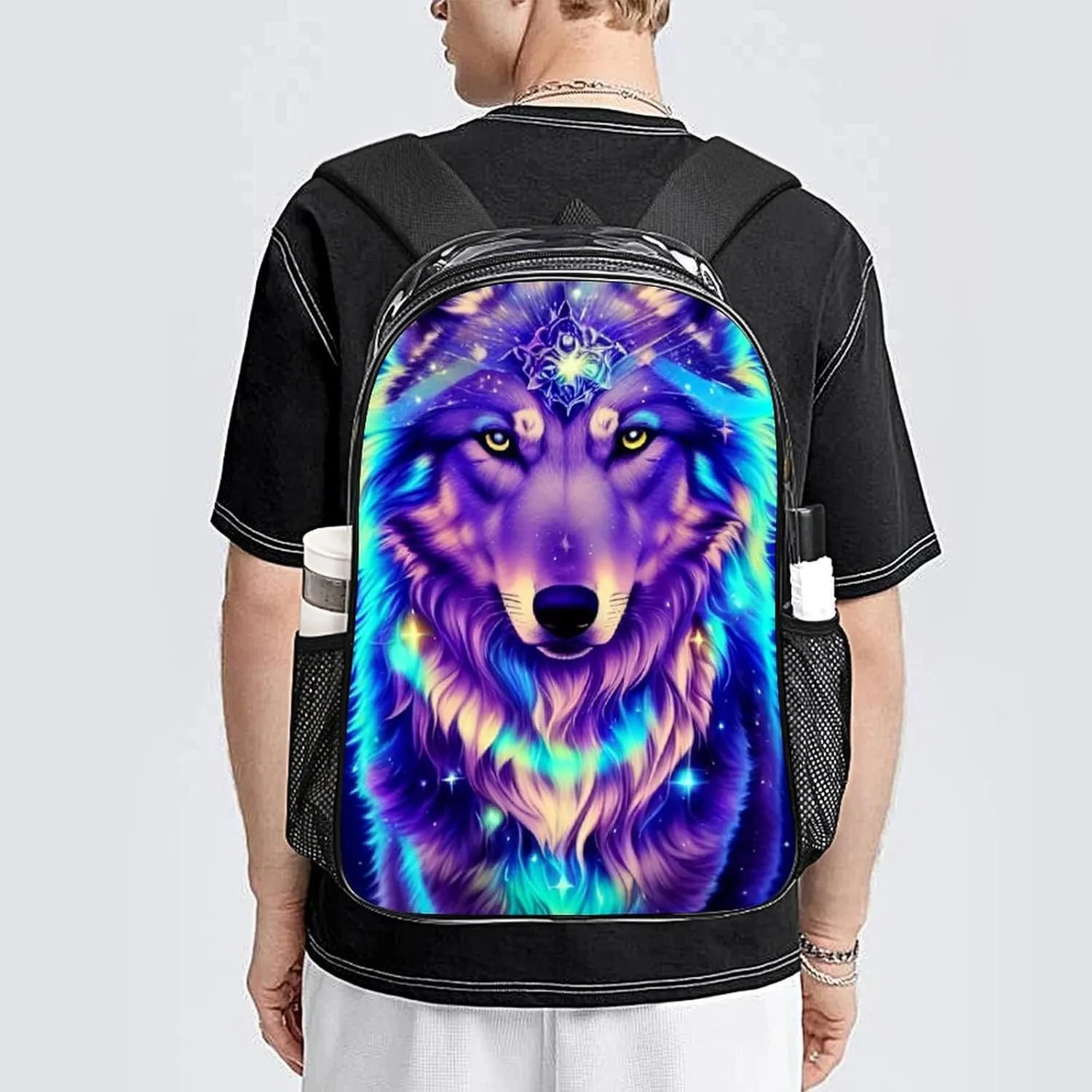 Blue Universe Galaxy Magic Wolf In The Space Art Backpack Transparent Multipurpose Anti-Theft Shoulder Bag Big Capacity Gym Outdoor Hiking Backpack With Padded Straps