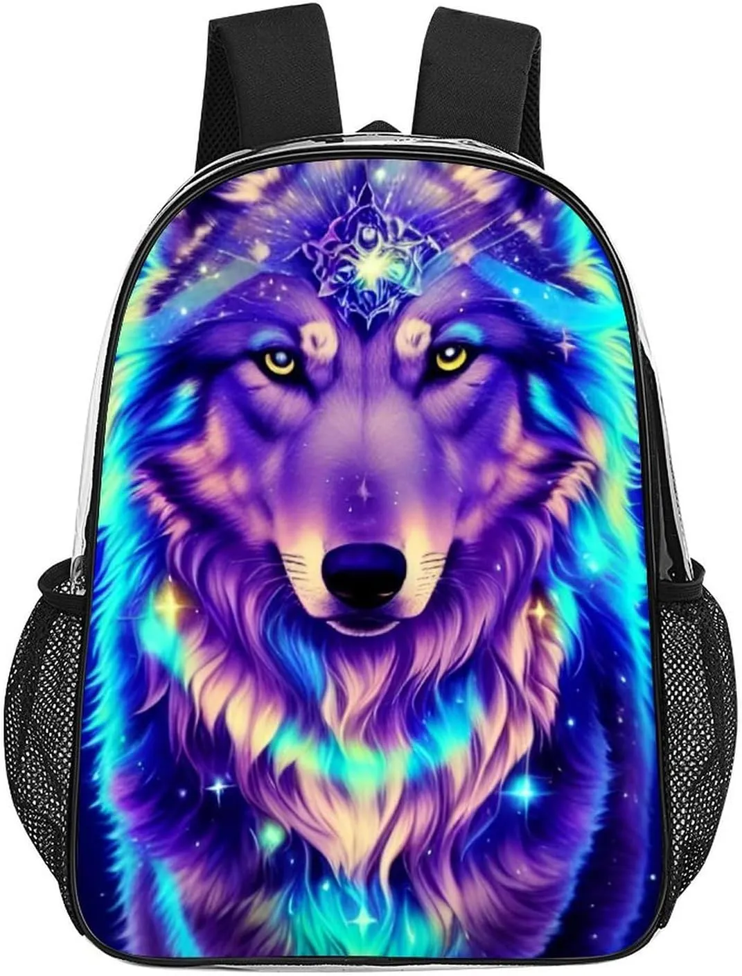 Blue Universe Galaxy Magic Wolf In The Space Art Backpack Transparent Multipurpose Anti-Theft Shoulder Bag Big Capacity Gym Outdoor Hiking Backpack With Padded Straps