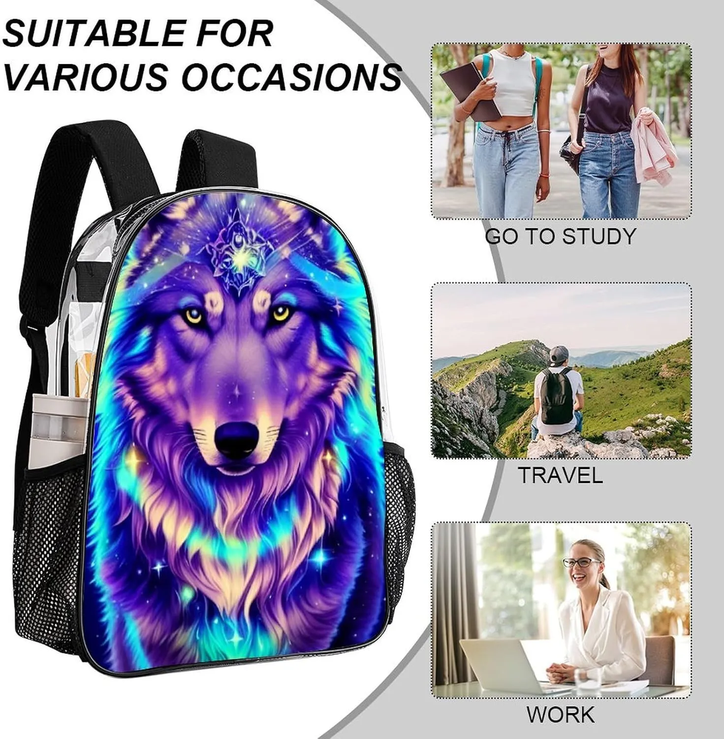 Blue Universe Galaxy Magic Wolf In The Space Art Backpack Transparent Multipurpose Anti-Theft Shoulder Bag Big Capacity Gym Outdoor Hiking Backpack With Padded Straps