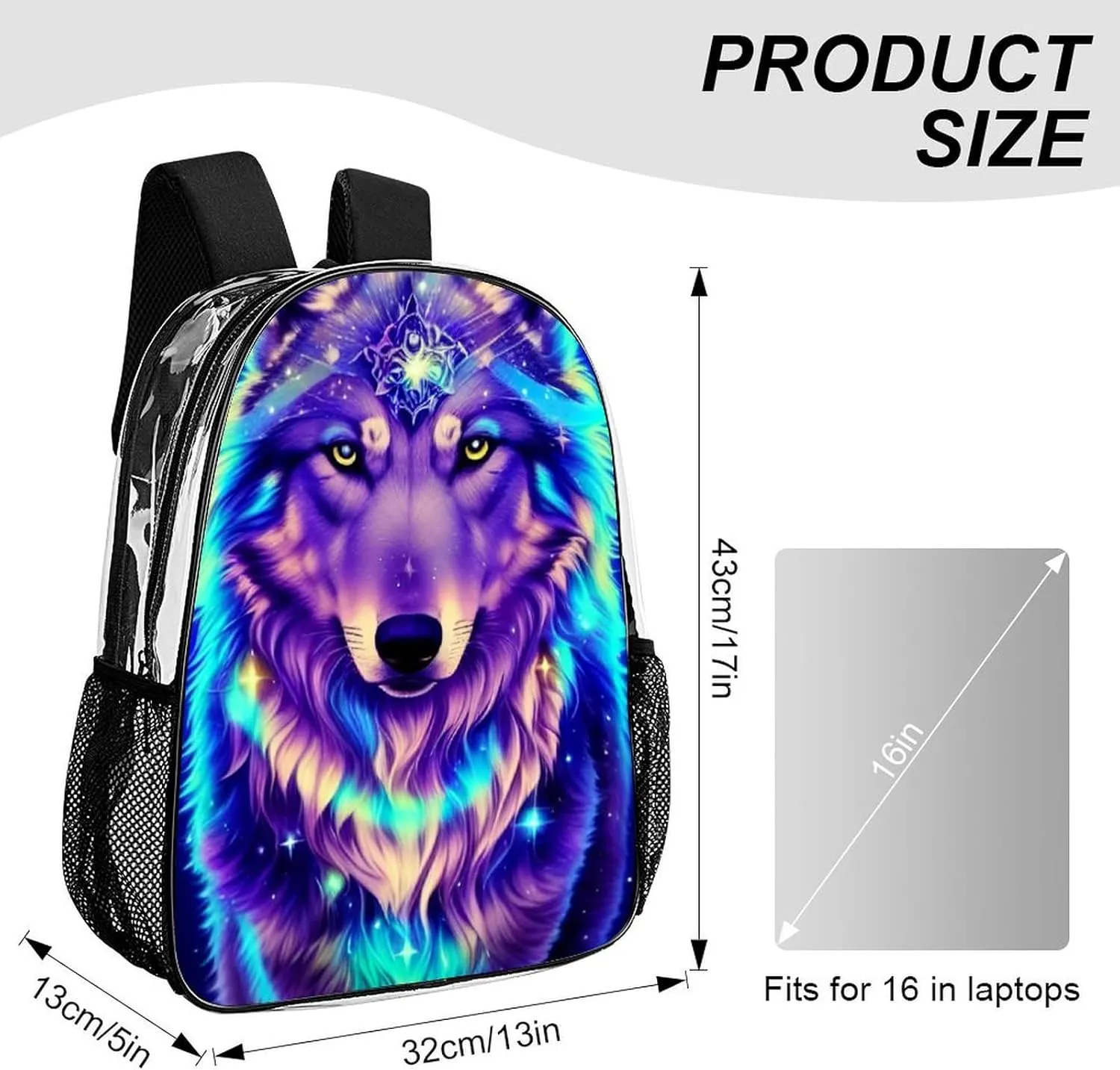 Blue Universe Galaxy Magic Wolf In The Space Art Backpack Transparent Multipurpose Anti-Theft Shoulder Bag Big Capacity Gym Outdoor Hiking Backpack With Padded Straps