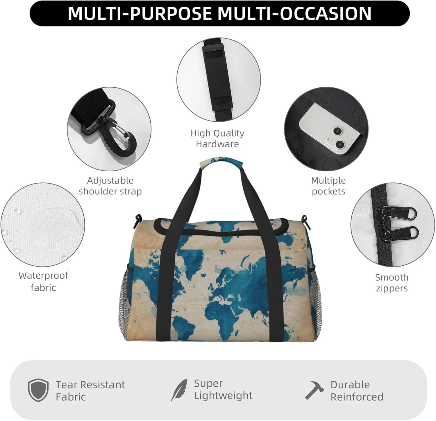 Blue World Map Travel Duffel Bag Large Foldable Waterproof Overnight Bag For Beach Swim Bags Pool Sports Gym
