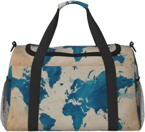 Blue World Map Travel Duffel Bag Large Foldable Waterproof Overnight Bag For Beach Swim Bags Pool Sports Gym