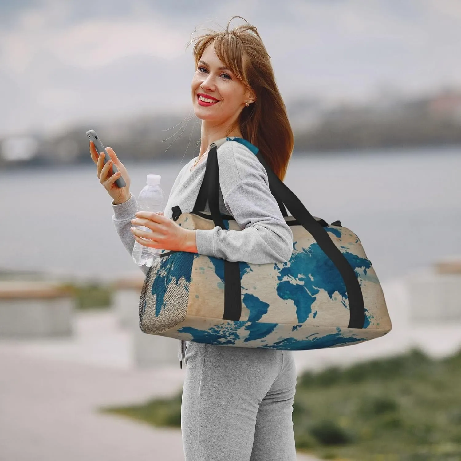 Blue World Map Travel Duffel Bag Large Foldable Waterproof Overnight Bag For Beach Swim Bags Pool Sports Gym