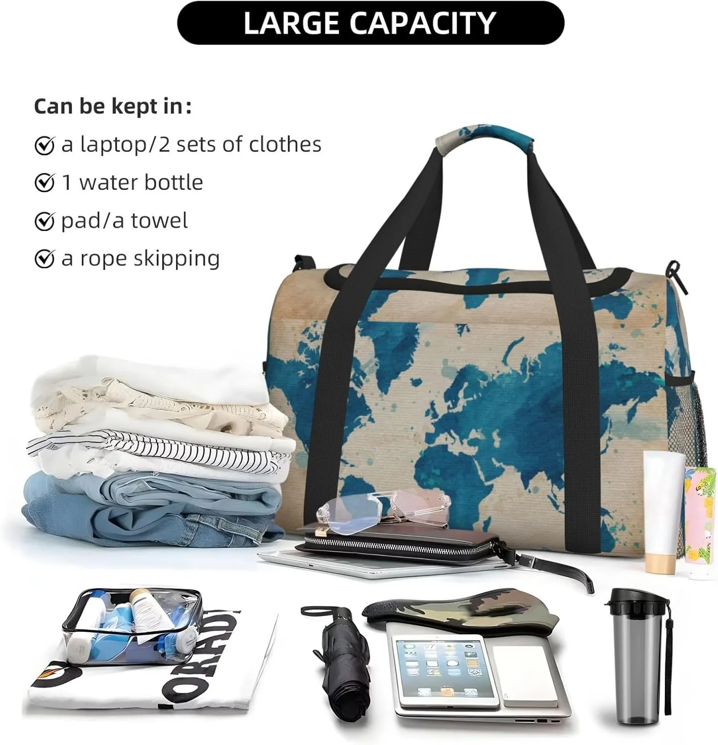 Blue World Map Travel Duffel Bag Large Foldable Waterproof Overnight Bag For Beach Swim Bags Pool Sports Gym