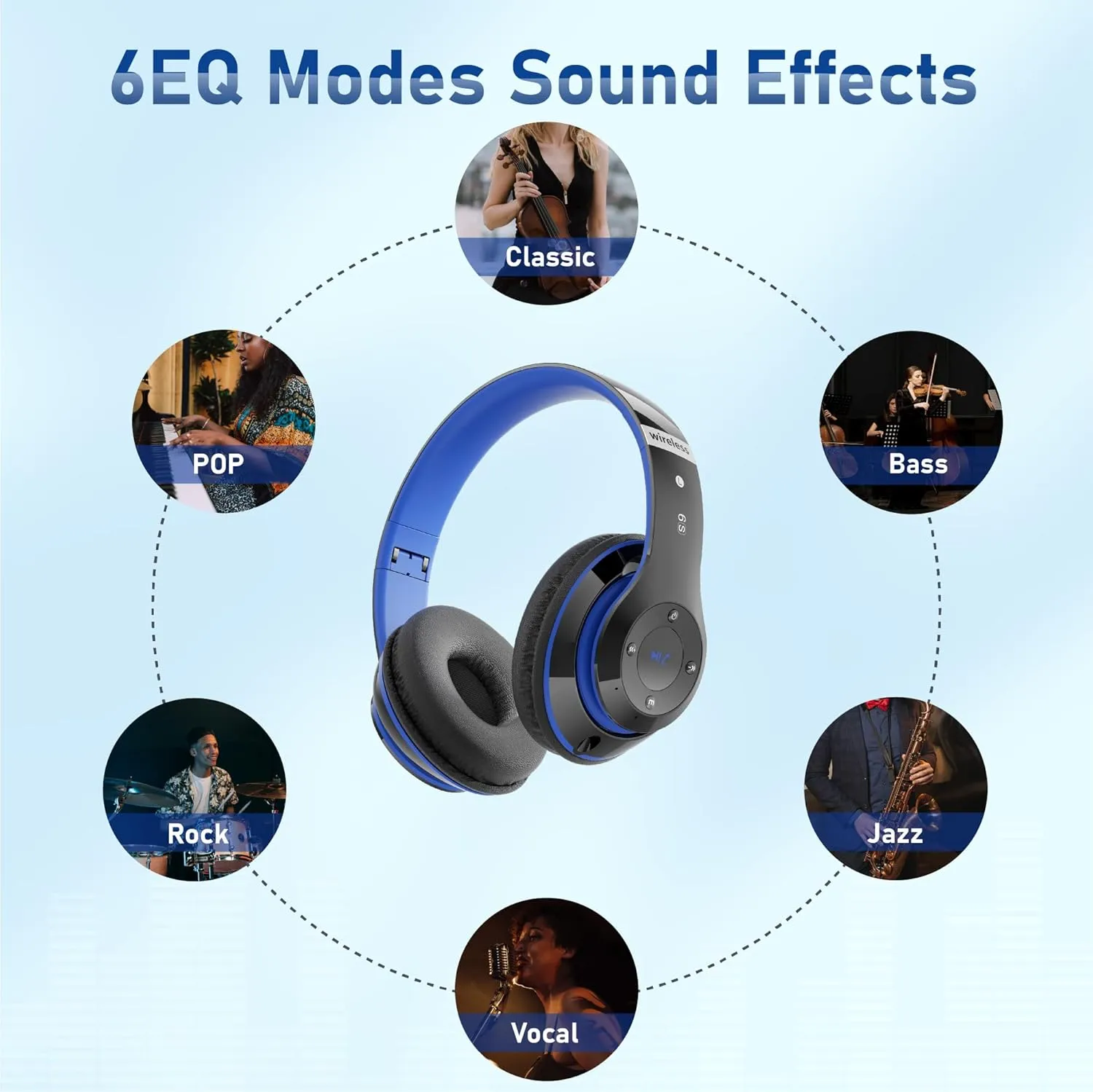Bluetooth Headphones Over Ear, 6S Foldable Wireless Headphones with 6 EQ Modes, 40 Hours Playtime HiFi Stereo Headset with Mic, Soft Ear Pads, TF/FM for Cellphone/PC/Home (Black & Blue)
