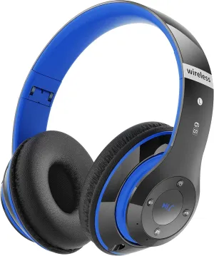 Bluetooth Headphones Over Ear, 6S Foldable Wireless Headphones with 6 EQ Modes, 40 Hours Playtime HiFi Stereo Headset with Mic, Soft Ear Pads, TF/FM for Cellphone/PC/Home (Black & Blue)