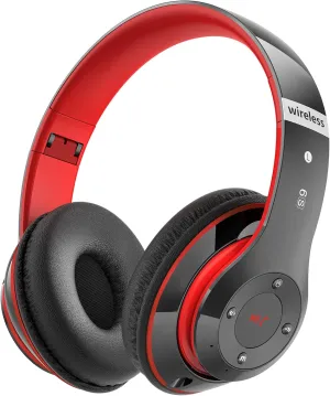 Bluetooth Headphones Over Ear, 6S Foldable Wireless Headphones with 6 EQ Modes, 40 Hours Playtime HiFi Stereo Headset with Mic, Soft Ear Pads, TF/FM for Cellphone/PC/Home (Black & Red)