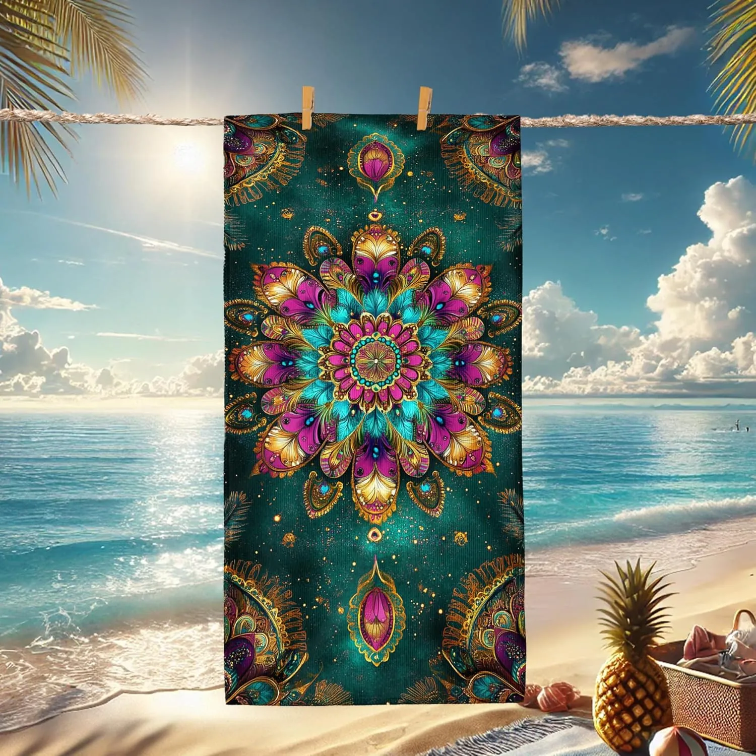 Bohemian Colorful Mandala Beach Towel Vibrant Teal Tapestry Quick Dry Soft Sand Free Lightweight Bath Towel, Outdoor Pool Camping Picnic Essential 62x31 Inch