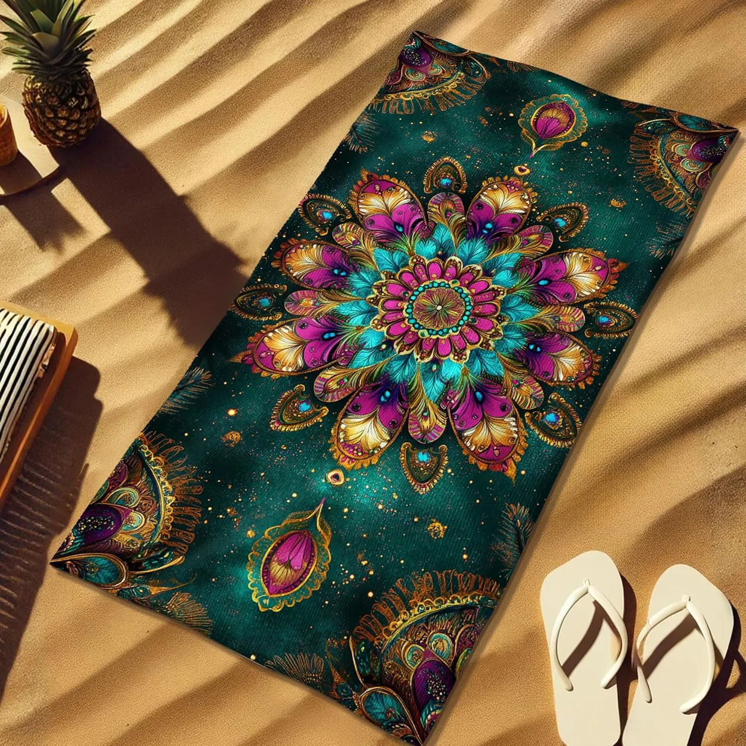 Bohemian Colorful Mandala Beach Towel Vibrant Teal Tapestry Quick Dry Soft Sand Free Lightweight Bath Towel, Outdoor Pool Camping Picnic Essential 62x31 Inch