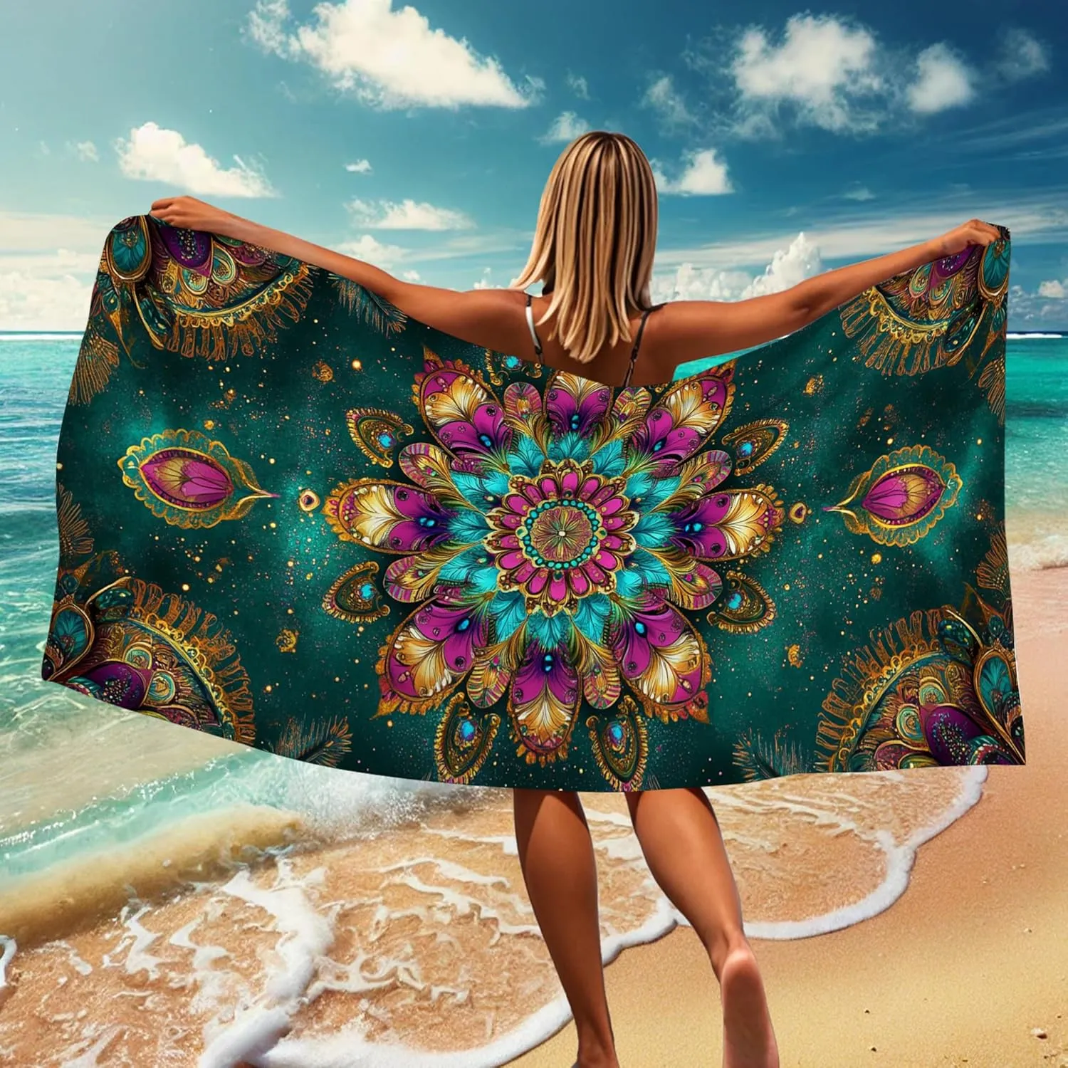Bohemian Colorful Mandala Beach Towel Vibrant Teal Tapestry Quick Dry Soft Sand Free Lightweight Bath Towel, Outdoor Pool Camping Picnic Essential 62x31 Inch