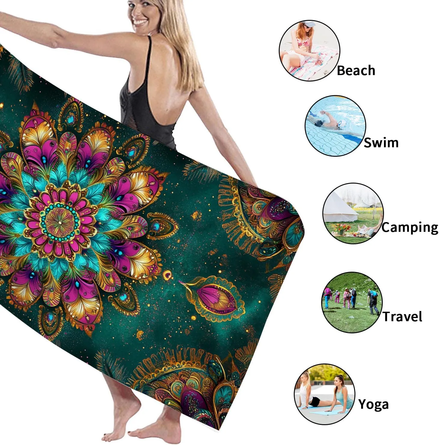 Bohemian Colorful Mandala Beach Towel Vibrant Teal Tapestry Quick Dry Soft Sand Free Lightweight Bath Towel, Outdoor Pool Camping Picnic Essential 62x31 Inch