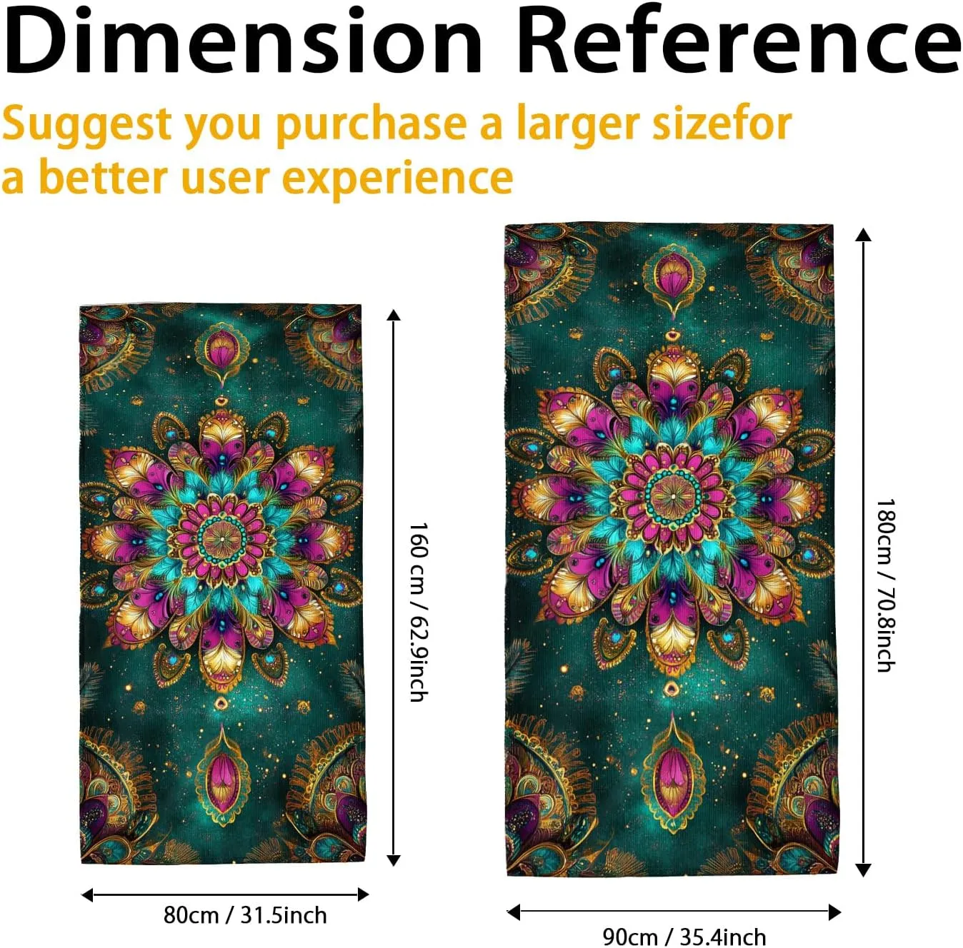 Bohemian Colorful Mandala Beach Towel Vibrant Teal Tapestry Quick Dry Soft Sand Free Lightweight Bath Towel, Outdoor Pool Camping Picnic Essential 62x31 Inch