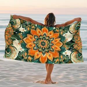 Bohemian Floral Microfiber Beach Towel Orange Mandala Design Quick Dry Absorbent Soft Sand Free Oversized Lightweight Beach Blanket, Vacation Picnic Essential 62x31 Inch