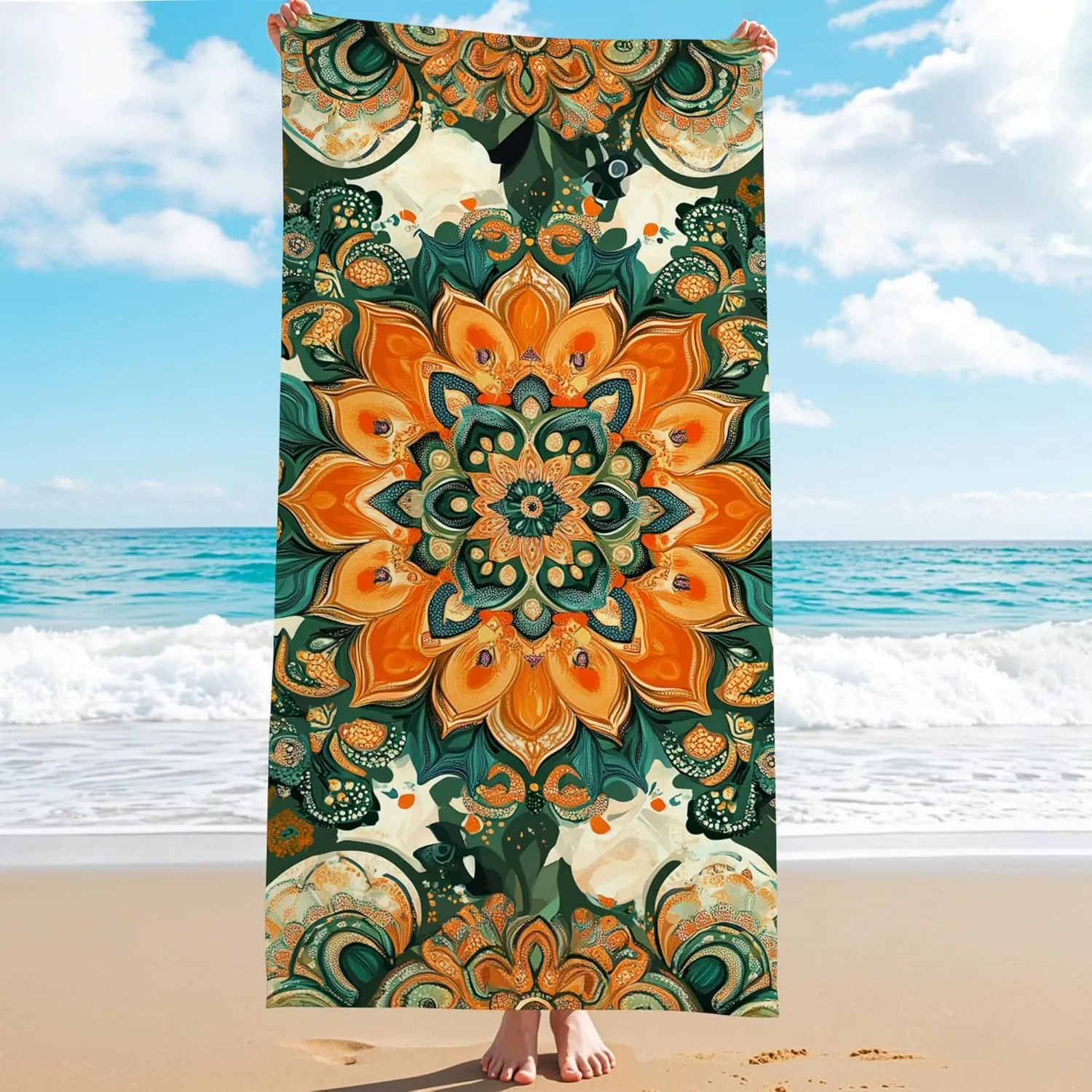 Bohemian Floral Microfiber Beach Towel Orange Mandala Design Quick Dry Absorbent Soft Sand Free Oversized Lightweight Beach Blanket, Vacation Picnic Essential 62x31 Inch