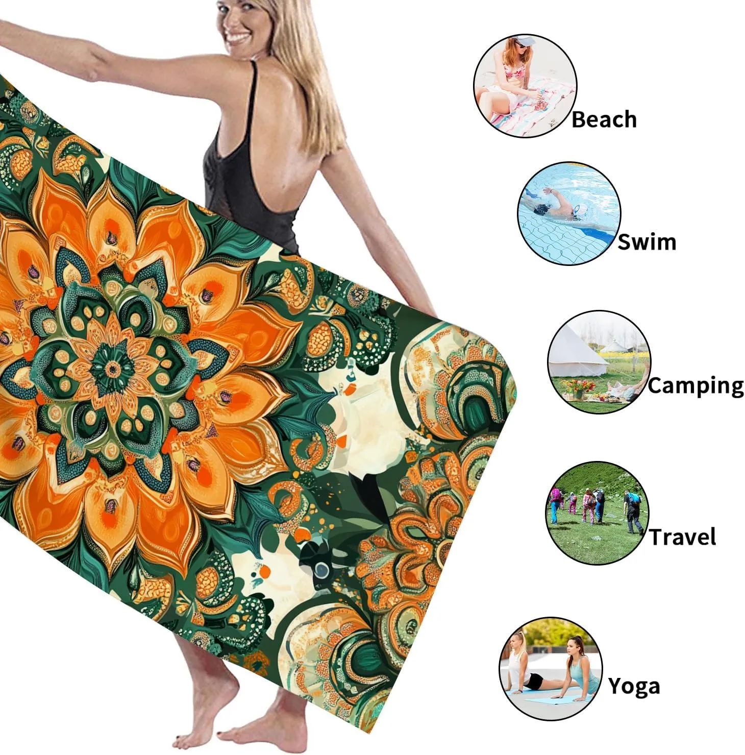 Bohemian Floral Microfiber Beach Towel Orange Mandala Design Quick Dry Absorbent Soft Sand Free Oversized Lightweight Beach Blanket, Vacation Picnic Essential 62x31 Inch