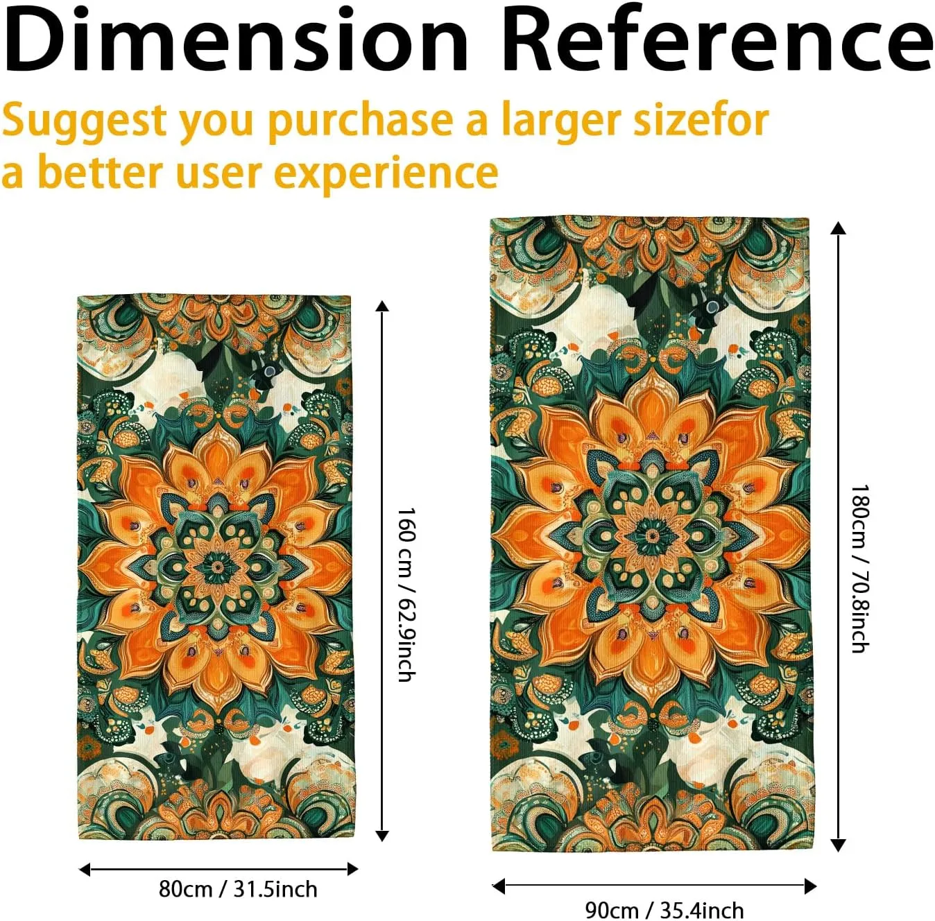 Bohemian Floral Microfiber Beach Towel Orange Mandala Design Quick Dry Absorbent Soft Sand Free Oversized Lightweight Beach Blanket, Vacation Picnic Essential 62x31 Inch
