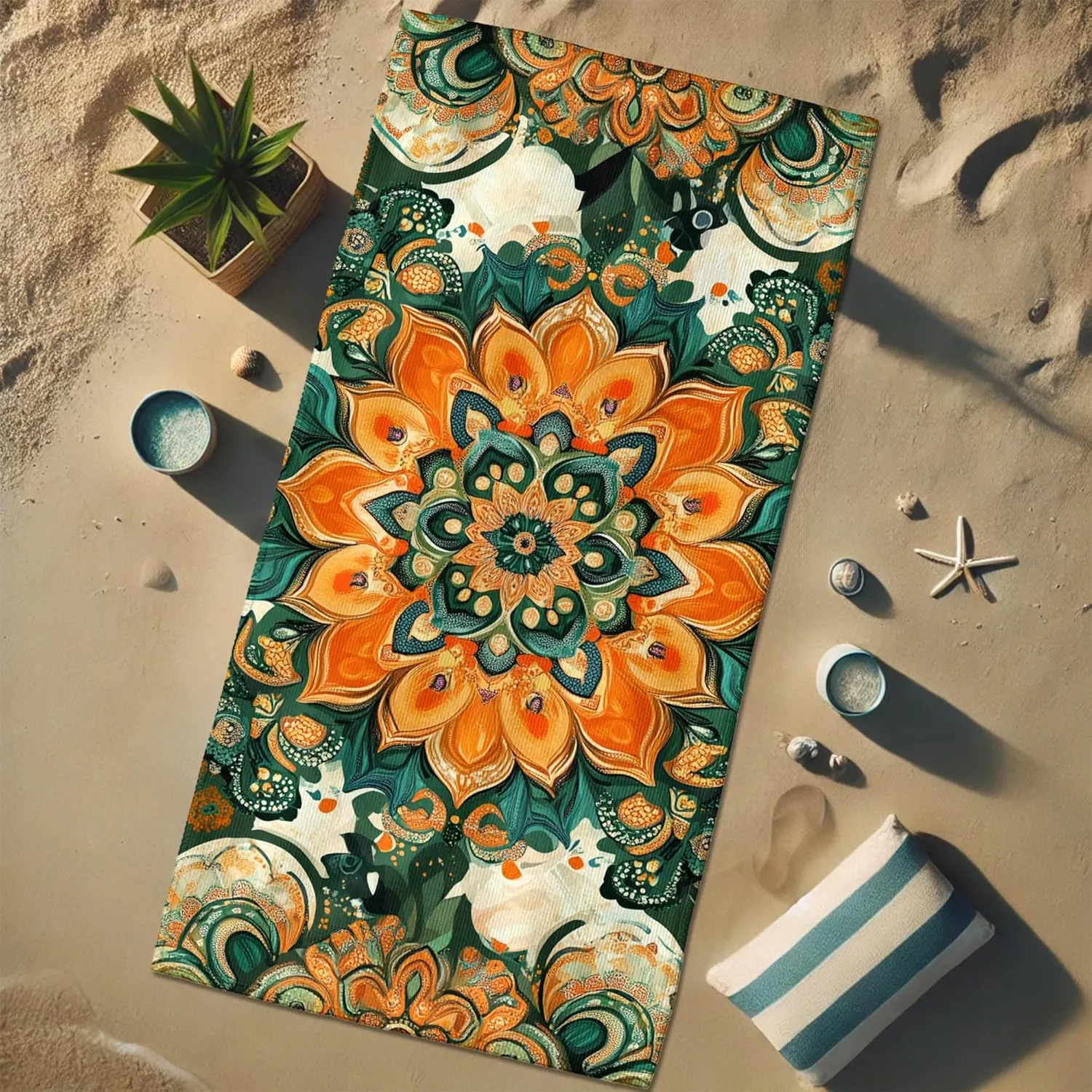 Bohemian Floral Microfiber Beach Towel Orange Mandala Design Quick Dry Absorbent Soft Sand Free Oversized Lightweight Beach Blanket, Vacation Picnic Essential 62x31 Inch