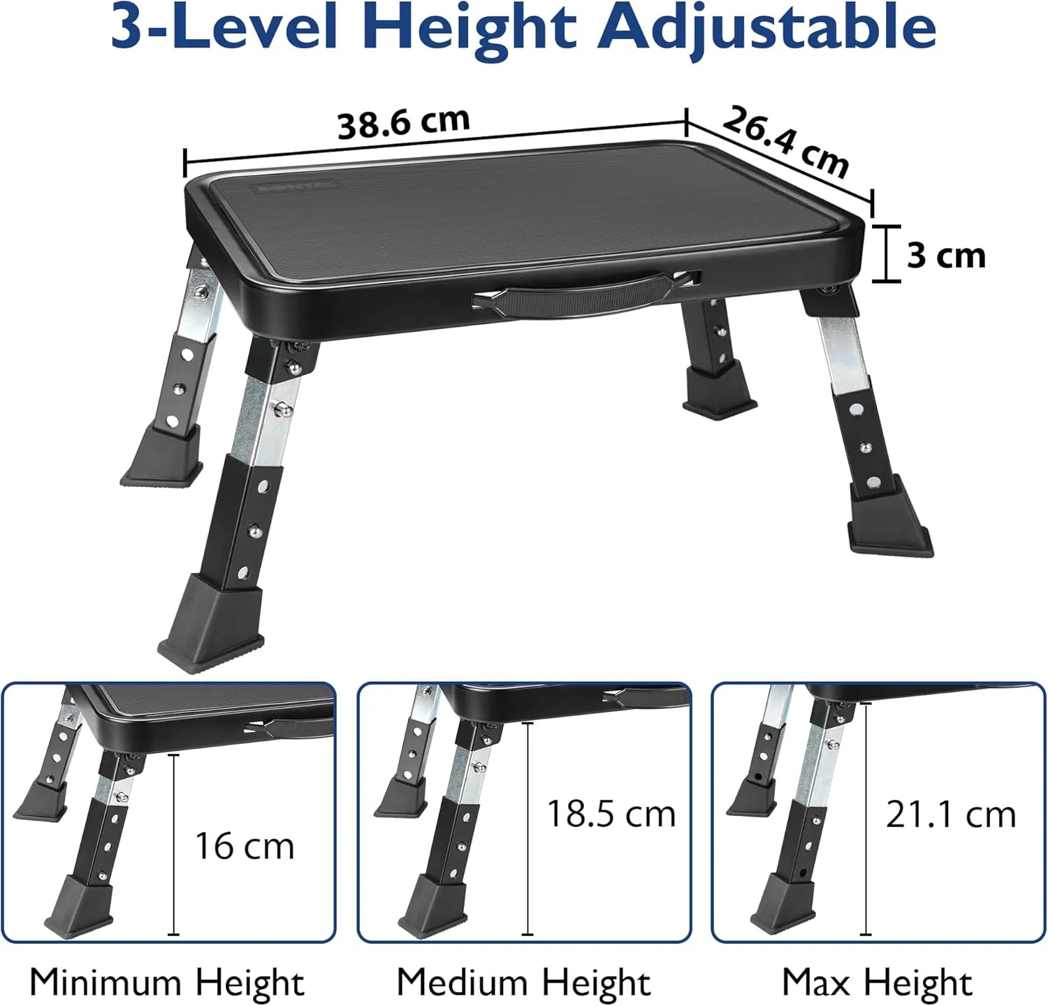 BONTEC 3-Level Adjustable Folding Step Stool, 330lbs Heavy Duty Metal Ladder with Anti-Slip Pedal & Locking Legs, Portable Foldable Step Stool for Adults, Seniors, RV, Kitchen, Bathroom, Home, Office