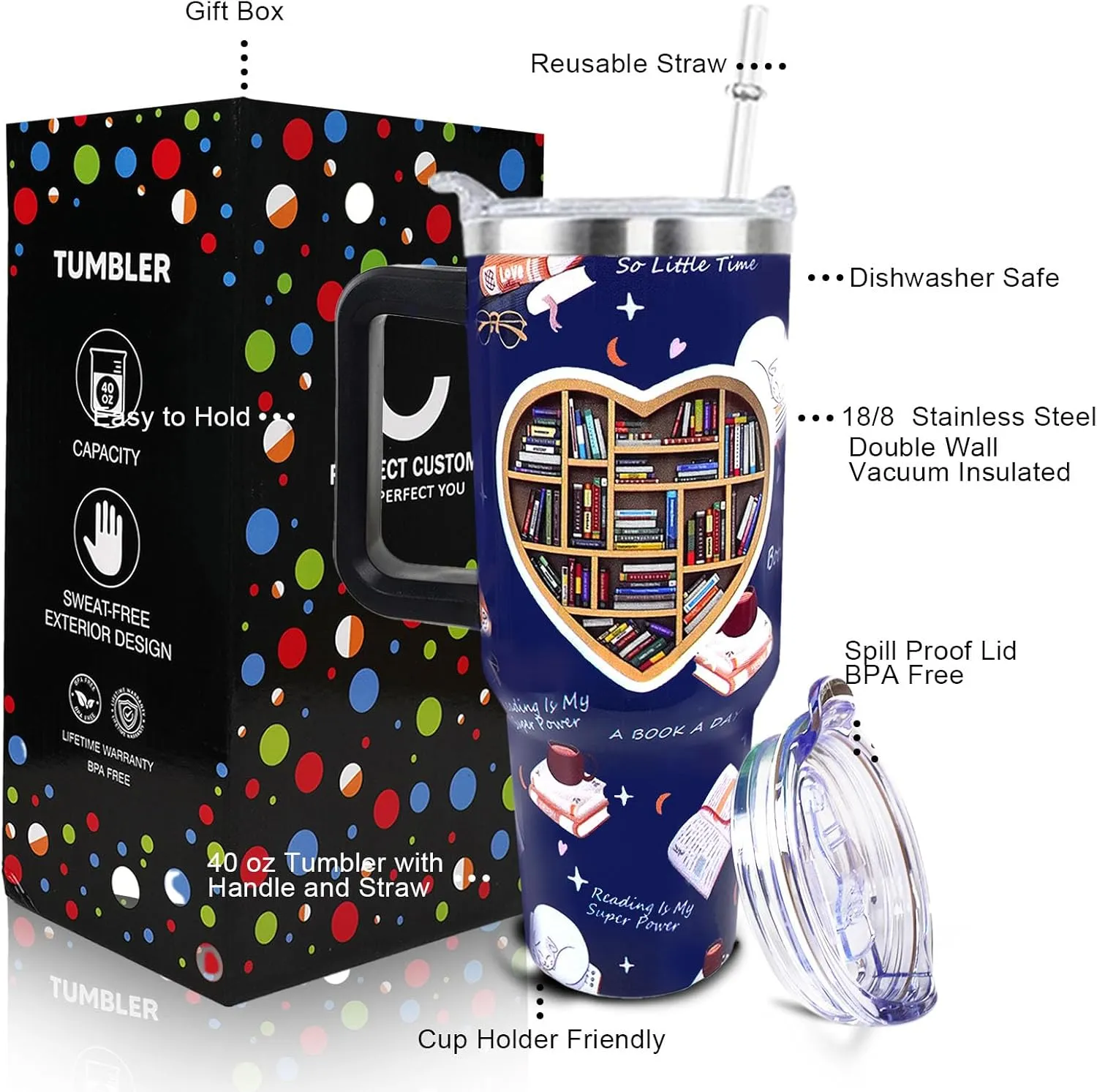 Book Lovers Tumbler 40 OZ Tumbler with Handle and Straw Lid Leak Proof Book Lovers Travel Coffee Mug with Handle Insulated for Hot Cold Ice - Birthday Book Lovers Gifts for Women Stainless Steel Cup