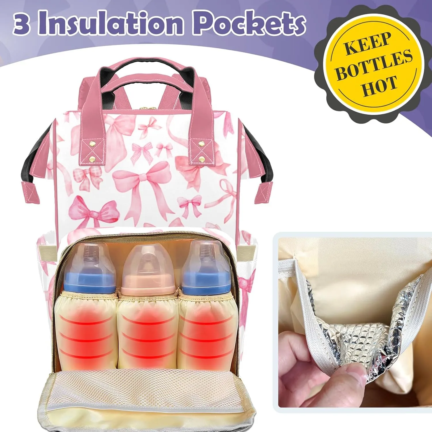 Bow Large Capacity Custom Diaper Bag for Baby Girls Boys with Name Multifunctional Mom Personalized Diaper Bag Backpack Waterproof Women Customized Daypack Nappy Bag