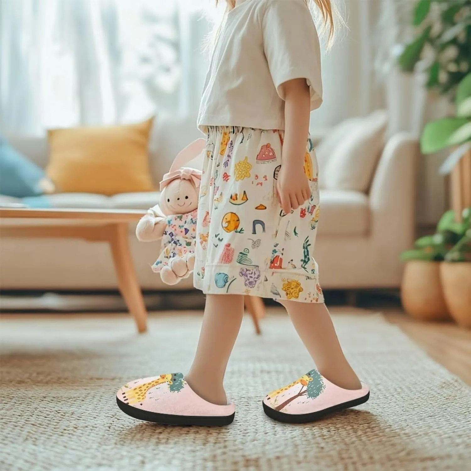 Boy Girls Winter Warm Slippers Cute Fluffy Plush Slippers Animal Print House Shoes Non Slip Indoor Slippers US9-15