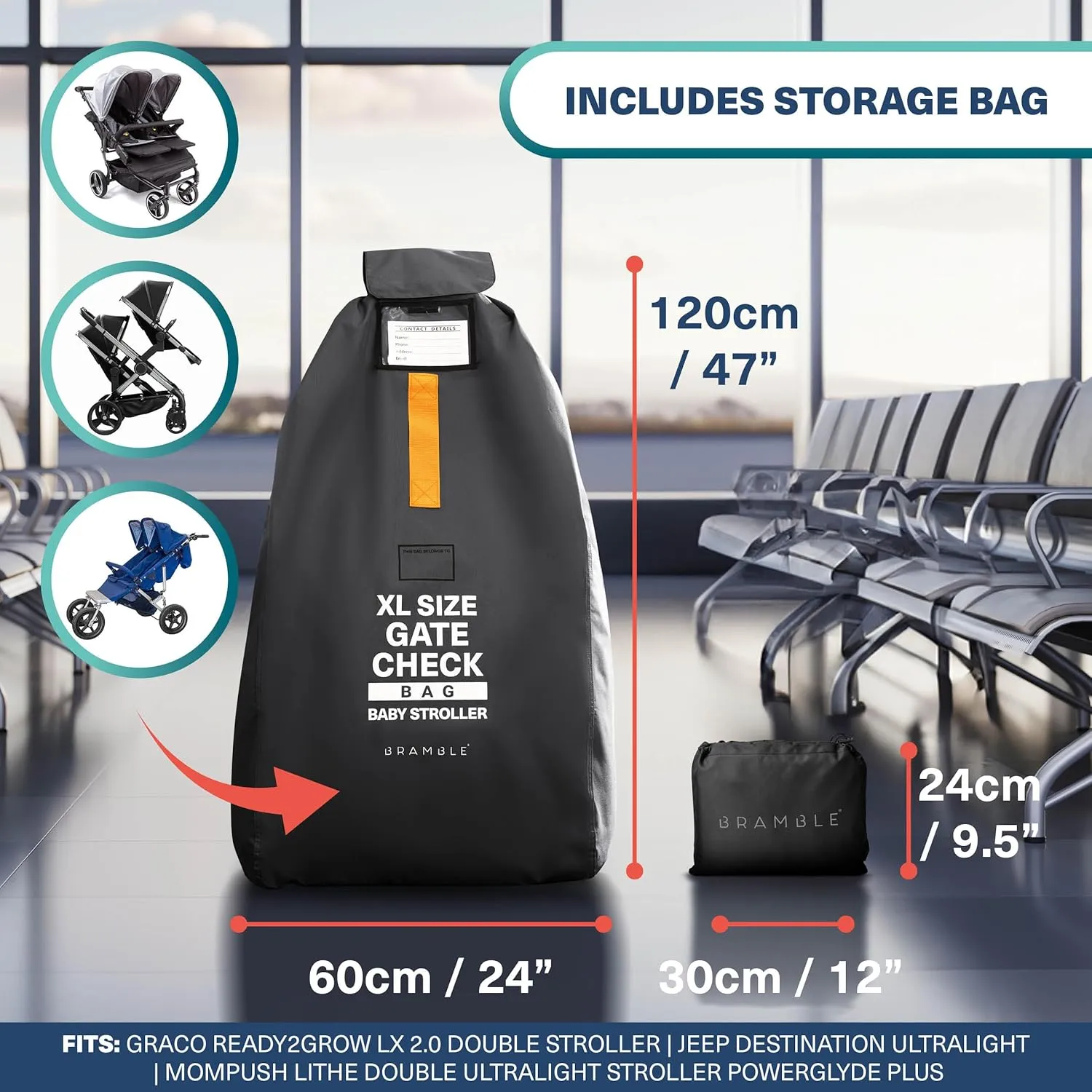 Bramble Extra Large Gate Check Stroller Bag for Airplane - Stroller Storage Bag (Black, 47", 600D Oxford Waterproof) - Double Stroller Travel Bag for Airplane, Baby Stroller Cover for Air Travel