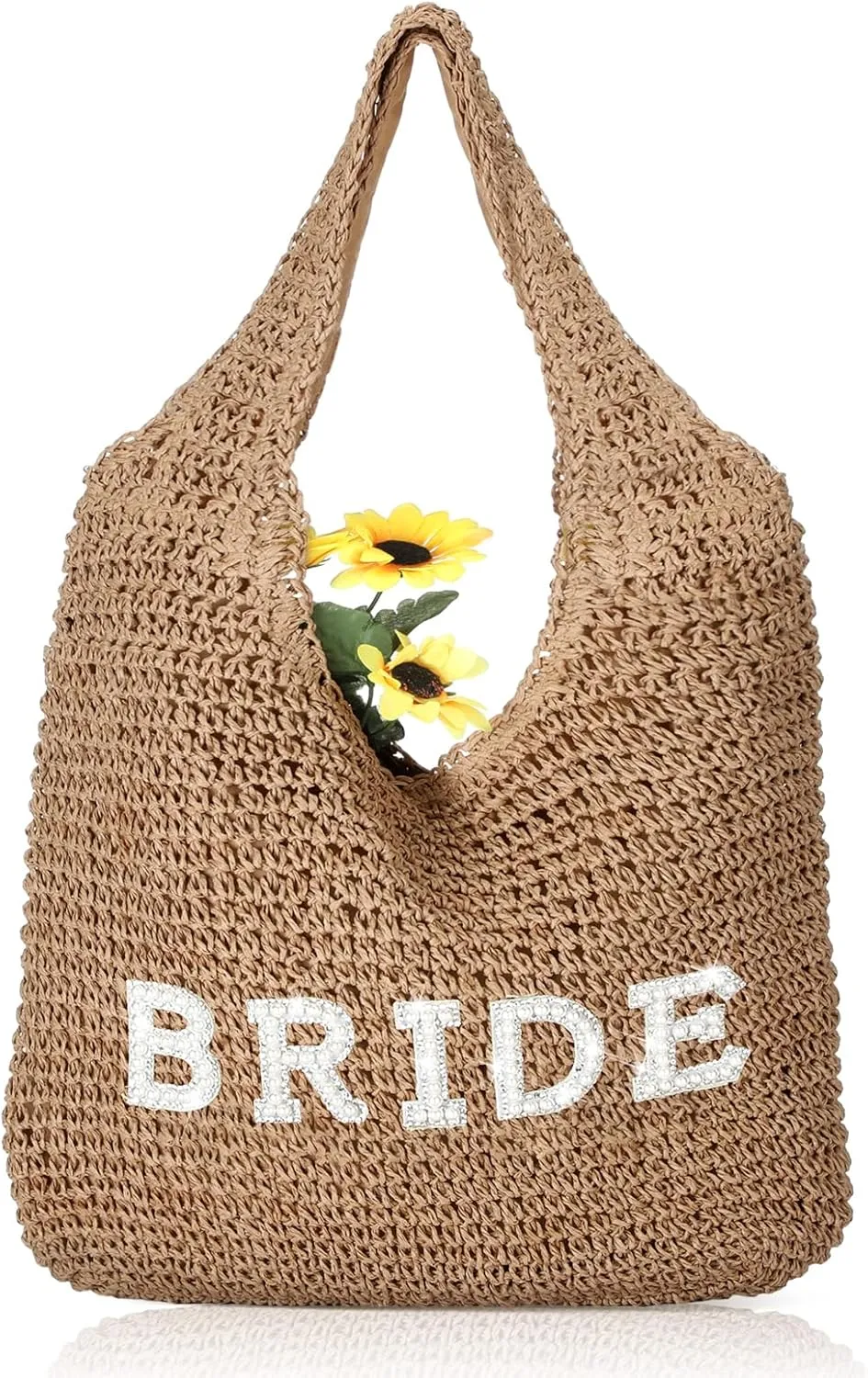 Bride Handwoven Straw Bag for Women Boho Beach Shoulder Tote Bag Bride Summer Rhinestone Letters Tote for Women Wedding Bridal Shower Bachelorette Gift
