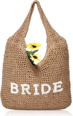 Bride Handwoven Straw Bag for Women Boho Beach Shoulder Tote Bag Bride Summer Rhinestone Letters Tote for Women Wedding Bridal Shower Bachelorette Gift