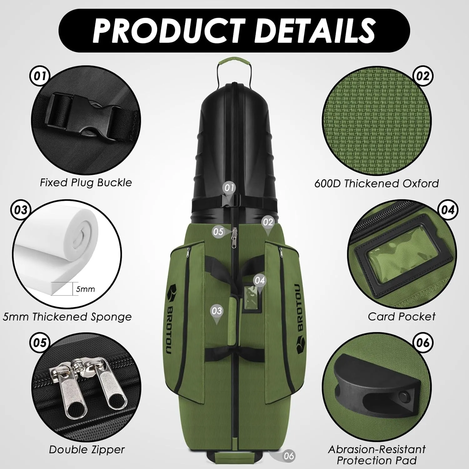 BROTOU Golf Travel Bags for Airlines with Tank Wheels and ABS Hard Shell Top Golf Club Travel Case Waterproof Oxford Fabric Protect Golfs Clubs Large Capacity and Easy to Maneuver