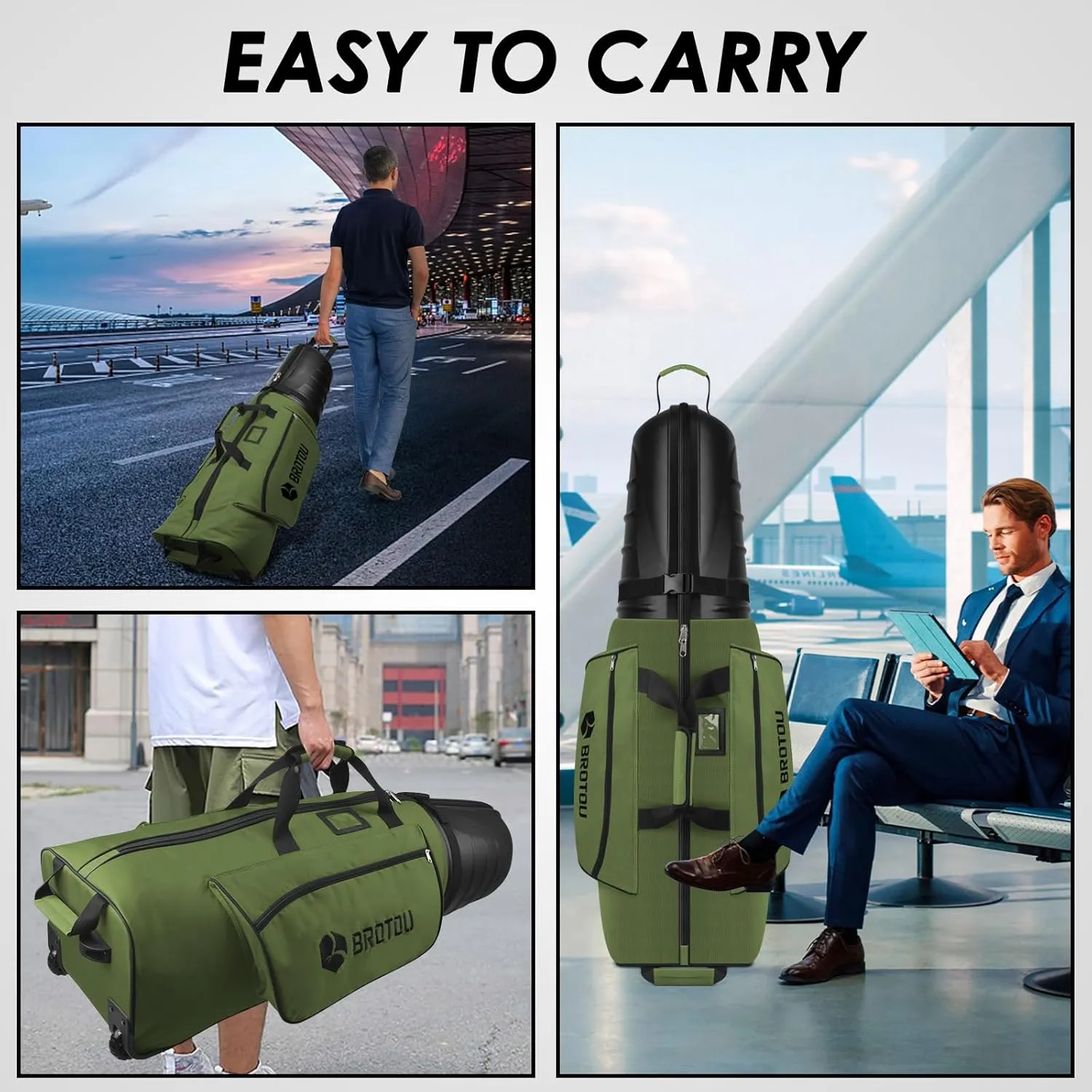 BROTOU Golf Travel Bags for Airlines with Tank Wheels and ABS Hard Shell Top Golf Club Travel Case Waterproof Oxford Fabric Protect Golfs Clubs Large Capacity and Easy to Maneuver