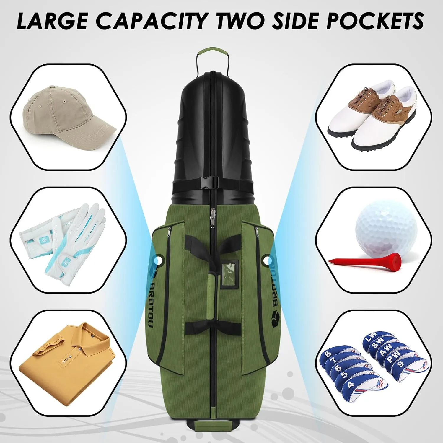BROTOU Golf Travel Bags for Airlines with Tank Wheels and ABS Hard Shell Top Golf Club Travel Case Waterproof Oxford Fabric Protect Golfs Clubs Large Capacity and Easy to Maneuver