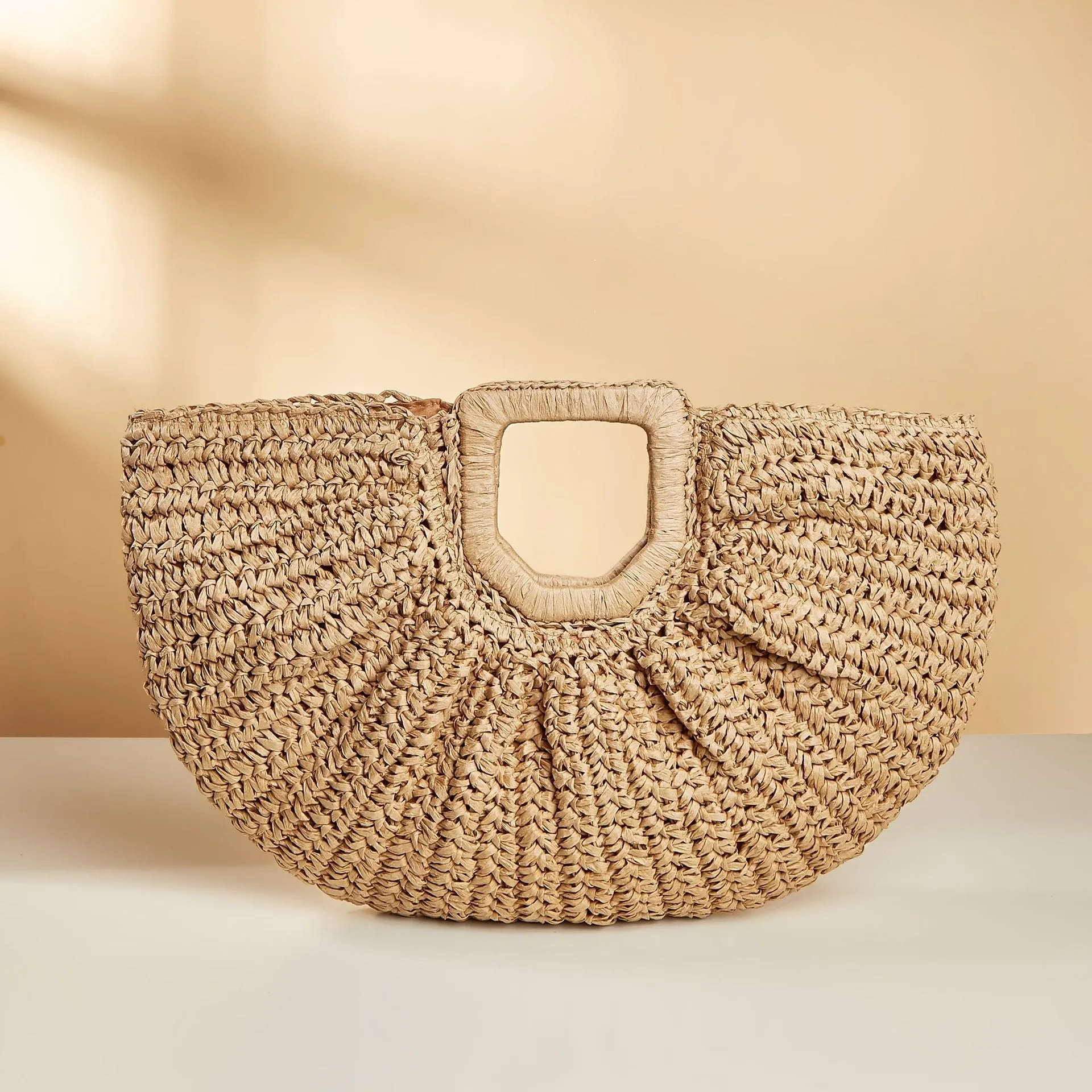 Brown Braided Design Straw Bag