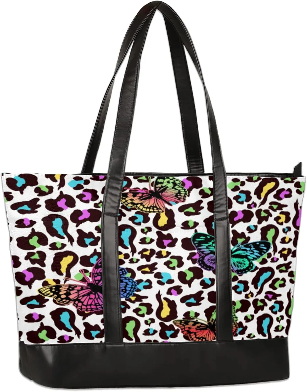 Butterflies Leopard Laptop Tote Bag for Women Lightweight Work Purse with Multiple Compartments Fits 13-15.6 Inch Laptop Tablet Shoulder Bag for Office Travel Daily Use