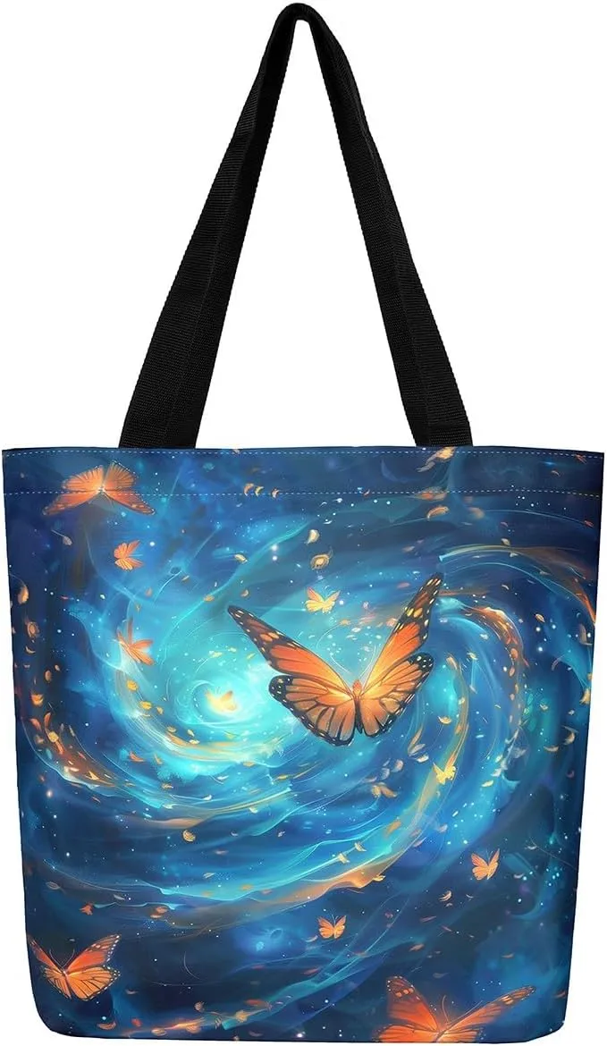 Butterfly Canvas Tote Bag,Blue Galaxy Shopping Canvas Bags