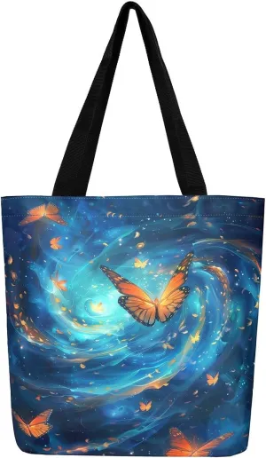 Butterfly Canvas Tote Bag,Blue Galaxy Shopping Canvas Bags