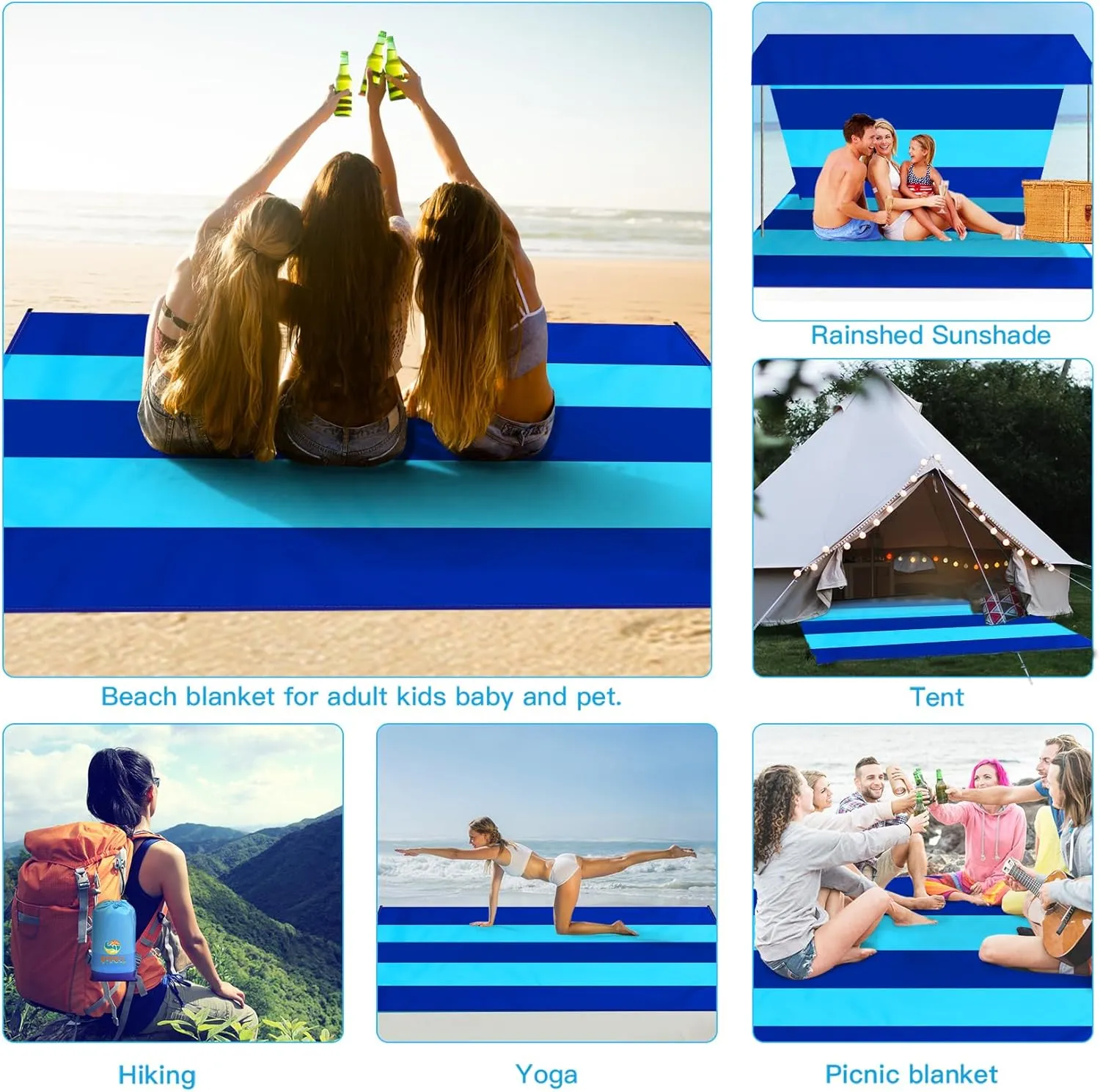 BYDOLL Beach Blanket Waterproof Sandproof 78''×81'' 1-7 Adults Oversized Lightweight Large Picnic Mat Waterproof Sandproof Blanket for Beach