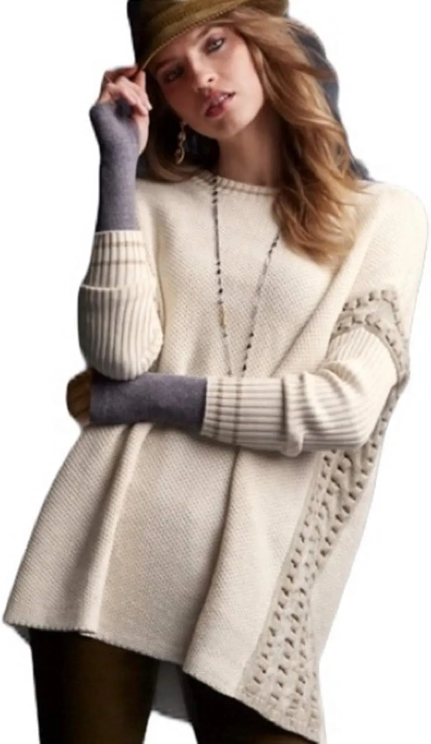 Cabi Slip Stitch Sweater Relaxed Beige Pullover Chunky Sleeves Size L