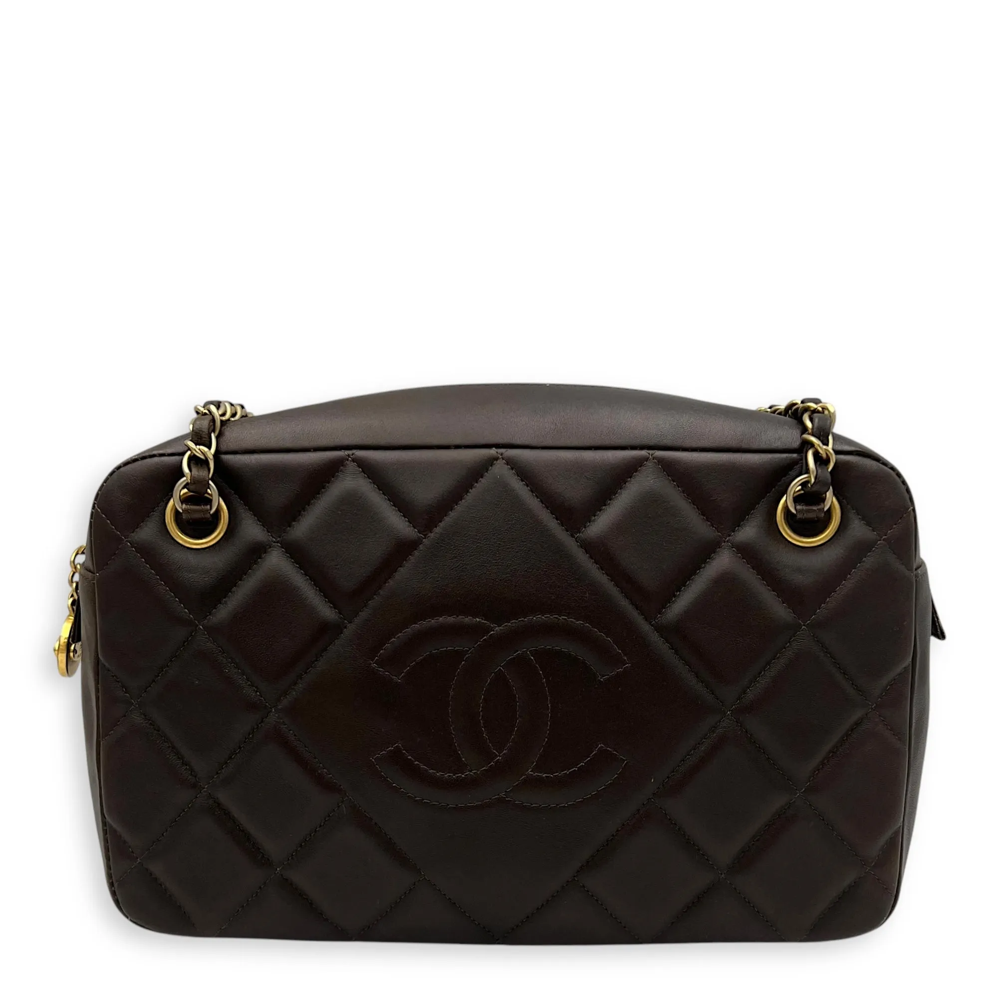 Camera Brown Shoulder Bag in Calfskin, Gold hardware